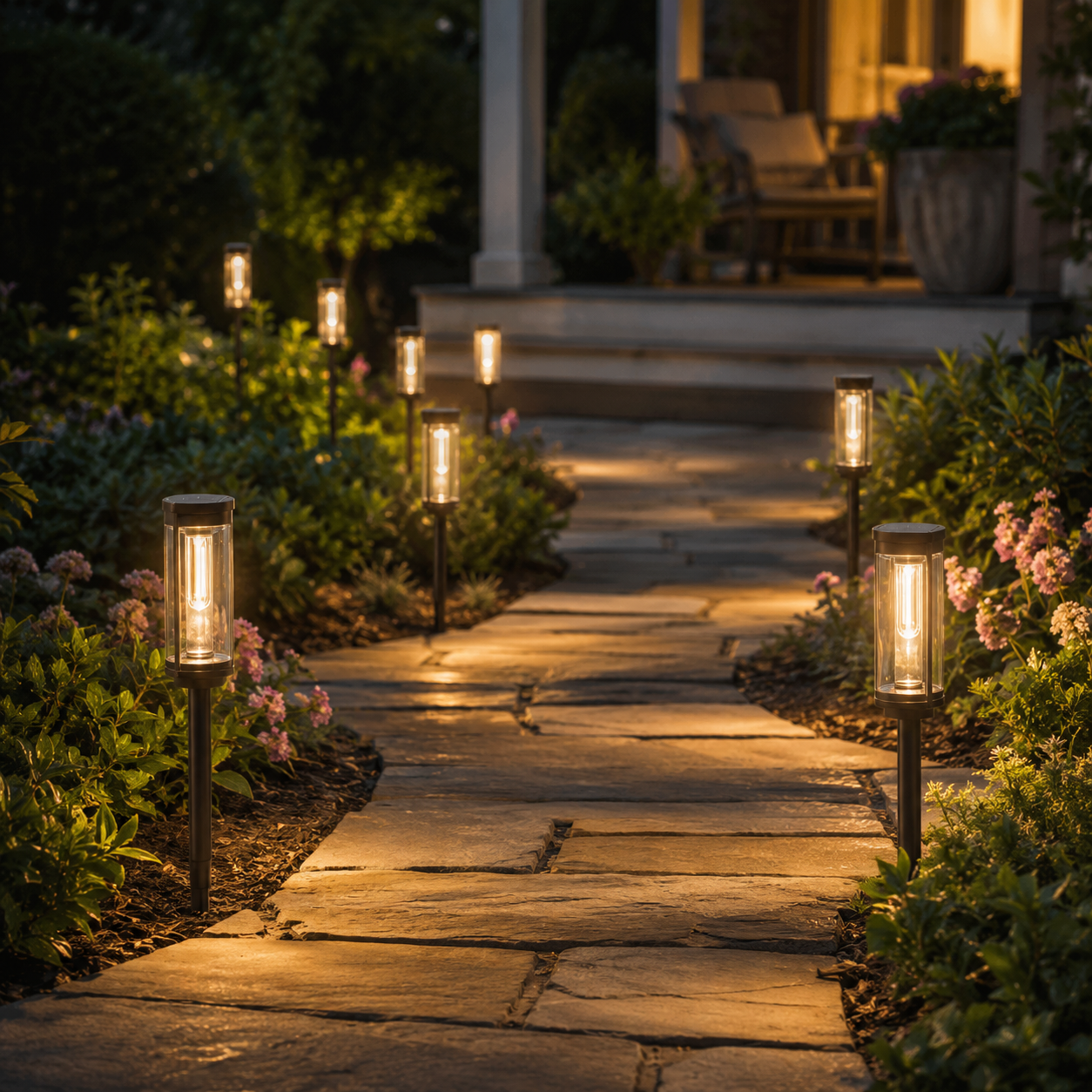 Solar pathway lights casting a warm glow along a landscaped stone garden path leading to a residential porch at night.