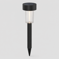 A solar-powered ground stake light with a black top cap, clear ribbed glass shade, and black stake, shown against a light gray background.