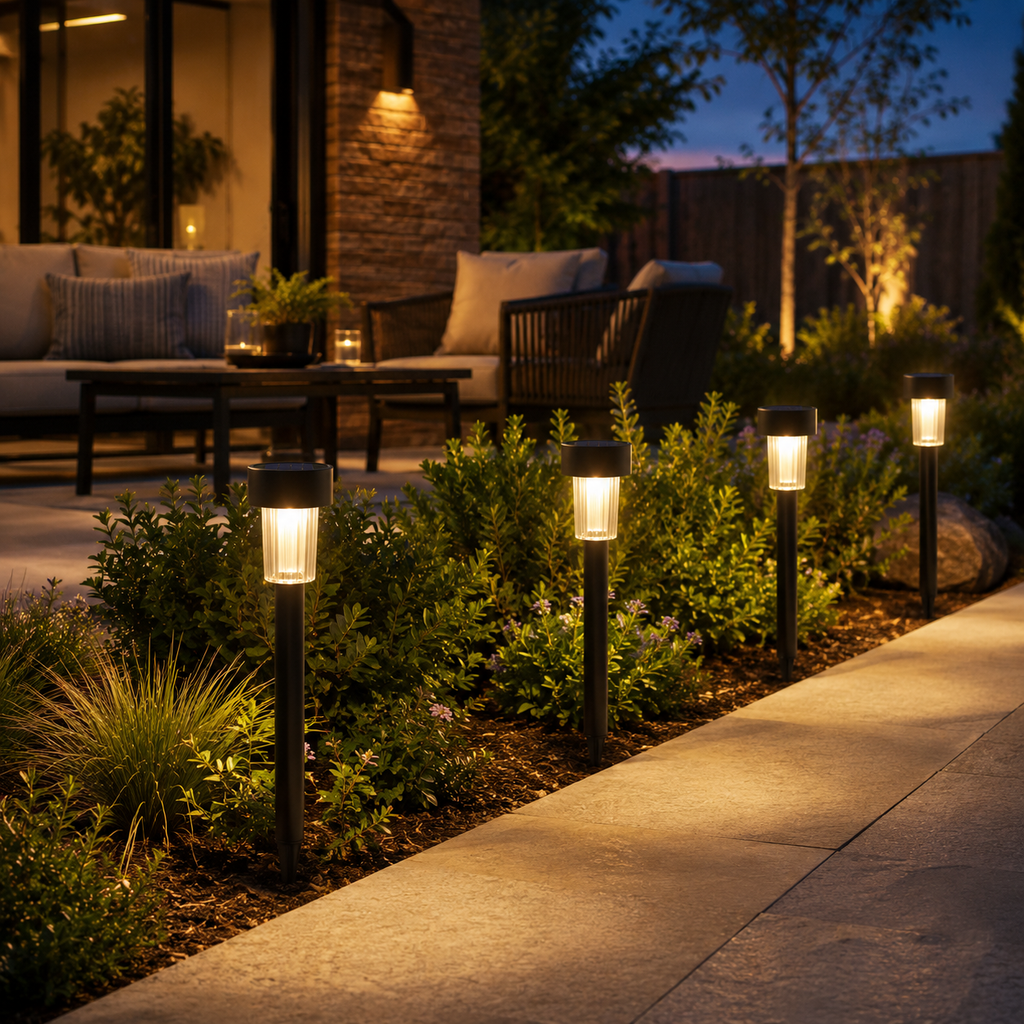 Four black outdoor landscape lights with clear glass shades are installed along a garden bed next to a concrete walkway at dusk, casting a warm yellow glow. The background shows a modern patio with outdoor furniture, a stone pillar, and landscaping.