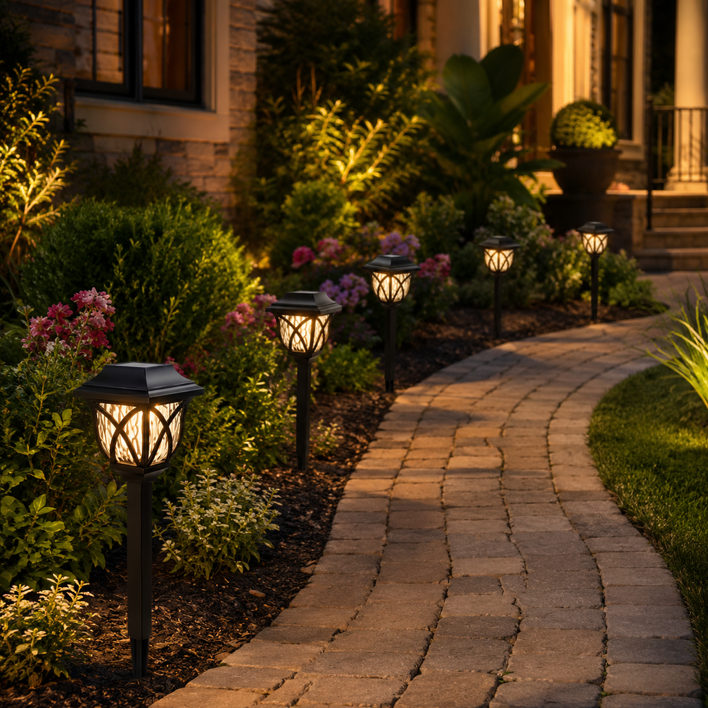 A row of outdoor solar pathway lights illuminating a stone walkway through a landscaped garden at night, with green shrubs, pink flowers, and a house in the background.