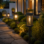 Four black outdoor solar post lanterns with warm glowing Edison bulbs, arranged along a garden bed next to a stone walkway at night.