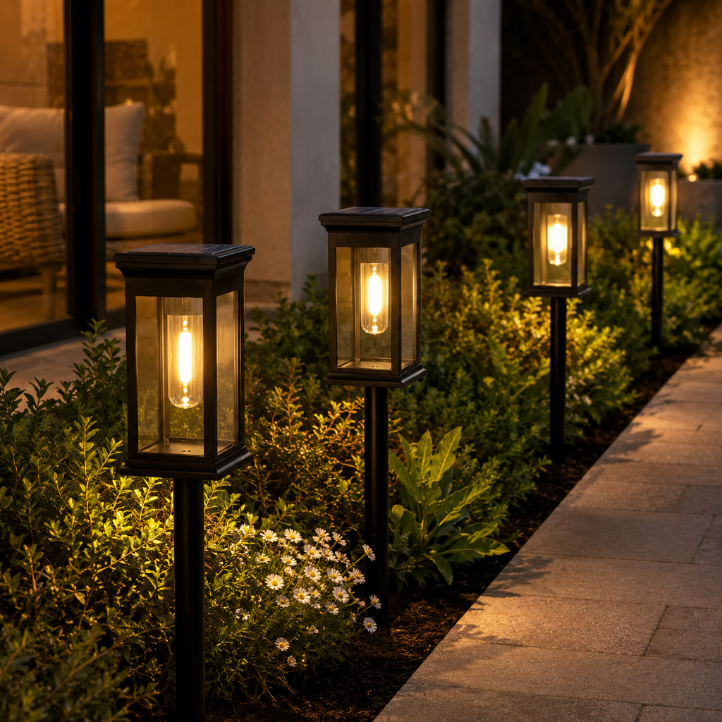 Four black outdoor solar post lanterns with warm glowing Edison bulbs, arranged along a garden bed next to a stone walkway at night.