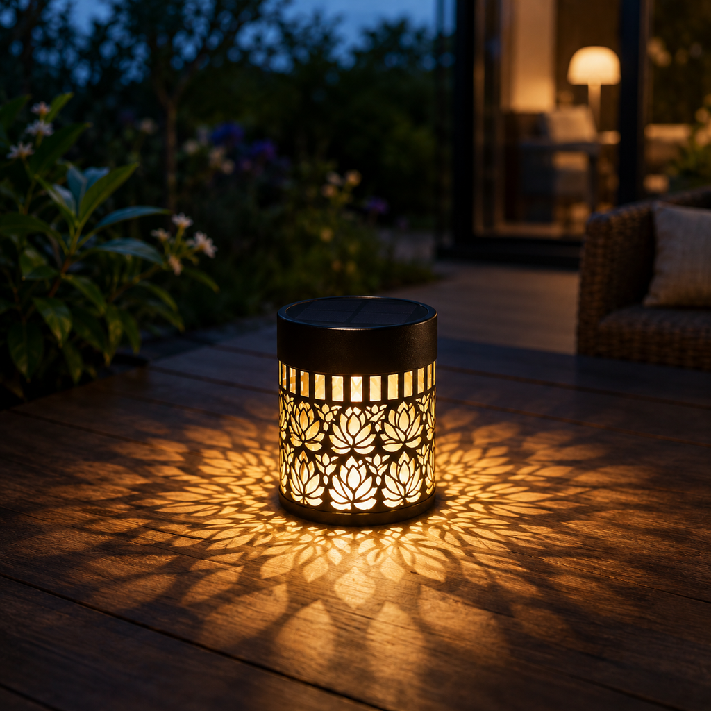A black solar-powered outdoor lantern with intricate cutout patterns, casting a warm golden light and shadow pattern on a wooden patio deck at dusk.
