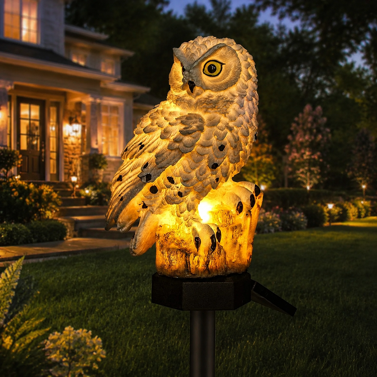 Solar owl garden light glowing beside an American home at dusk.
