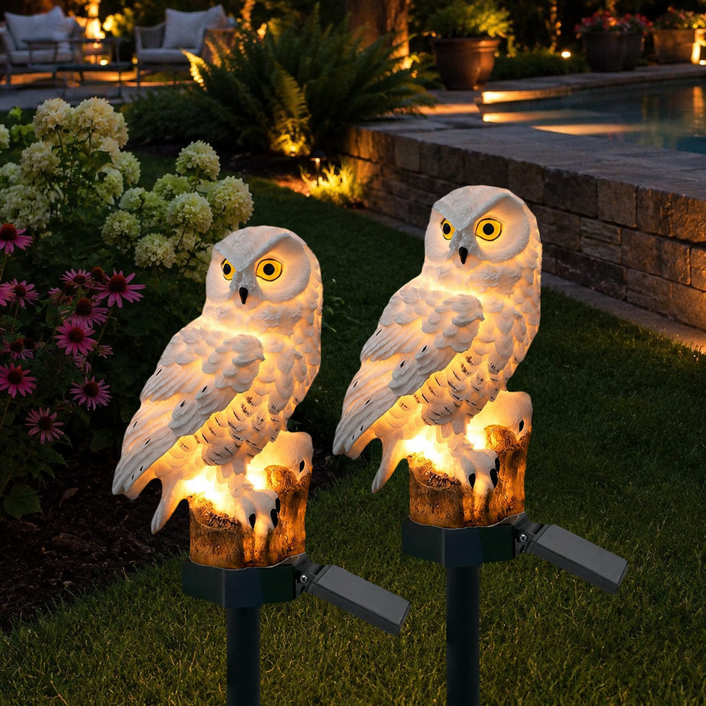 Two solar owl garden lights glowing beside a landscaped backyard pool.