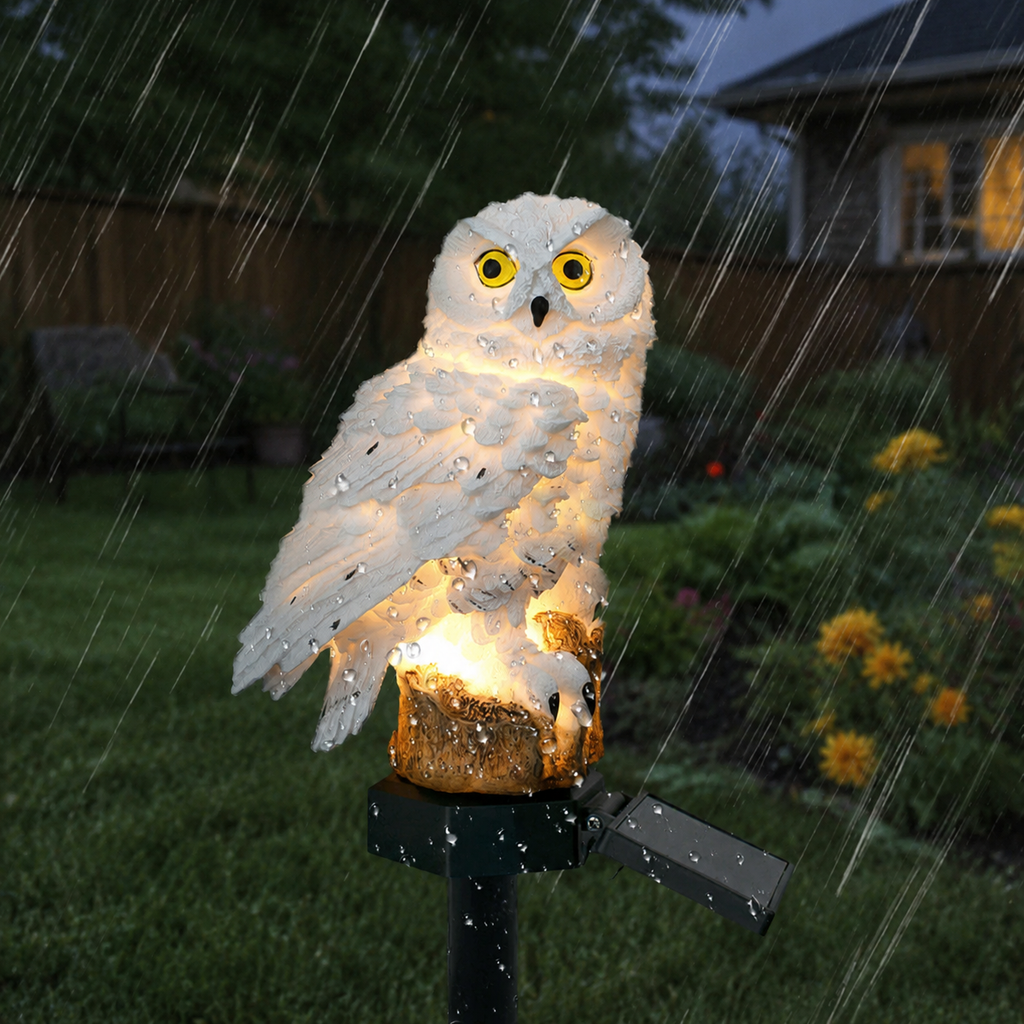Solar owl garden light glowing outdoors during rainfall.