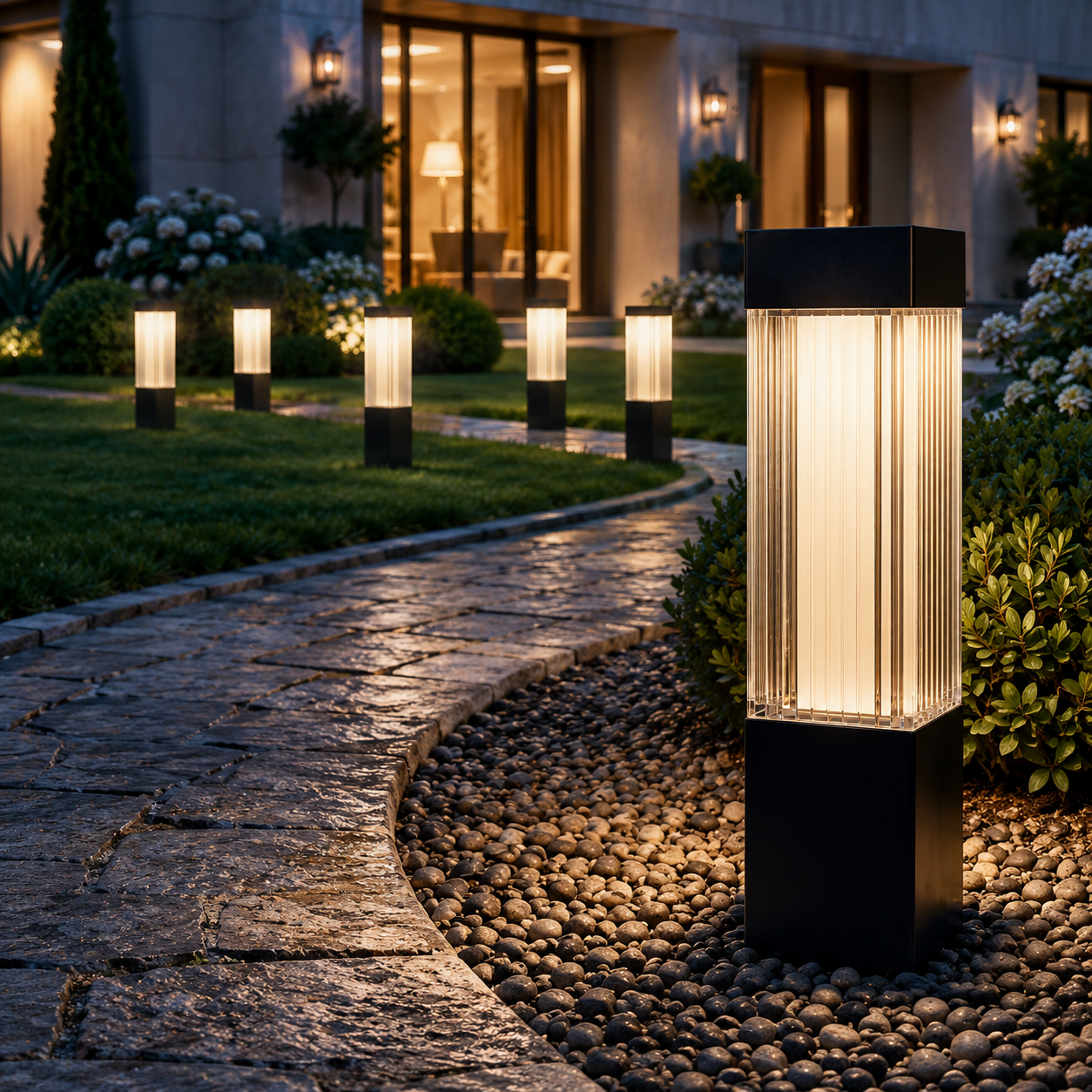 A modern outdoor landscape light with a black rectangular base and a ribbed clear glass cylinder, glowing with warm light, situated on a pebble bed next to a stone walkway in a landscaped garden at night.