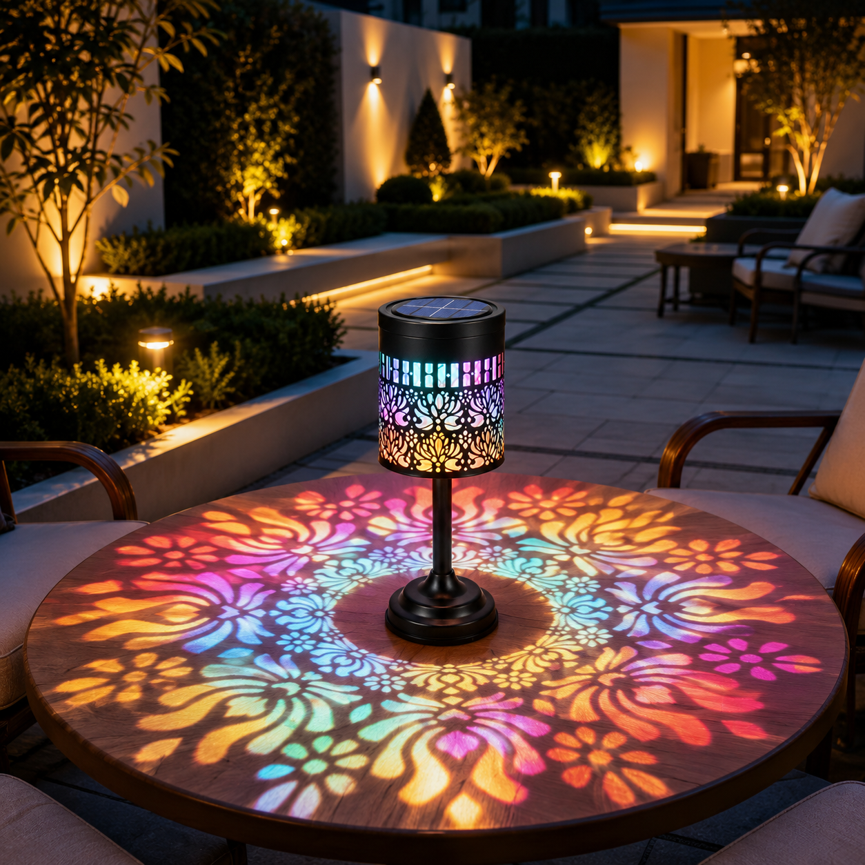 A black cylindrical solar-powered outdoor light with a colorful LED light-up pattern, featuring a floral cutout design that glows with pink, blue, purple, and orange hues, shown on a neutral gray background.