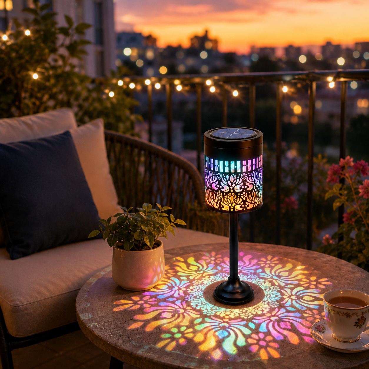 A black cylindrical solar-powered outdoor light with a colorful LED light-up pattern, featuring a floral cutout design that glows with pink, blue, purple, and orange hues, shown on a neutral gray background.