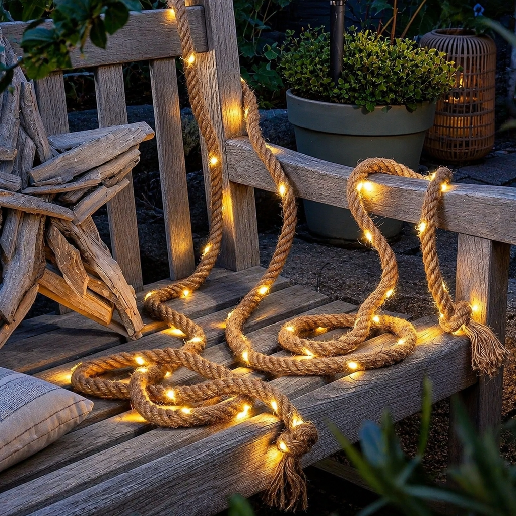 Solar rope lights loop across a weathered cedar bench beside planters at blue hour.
