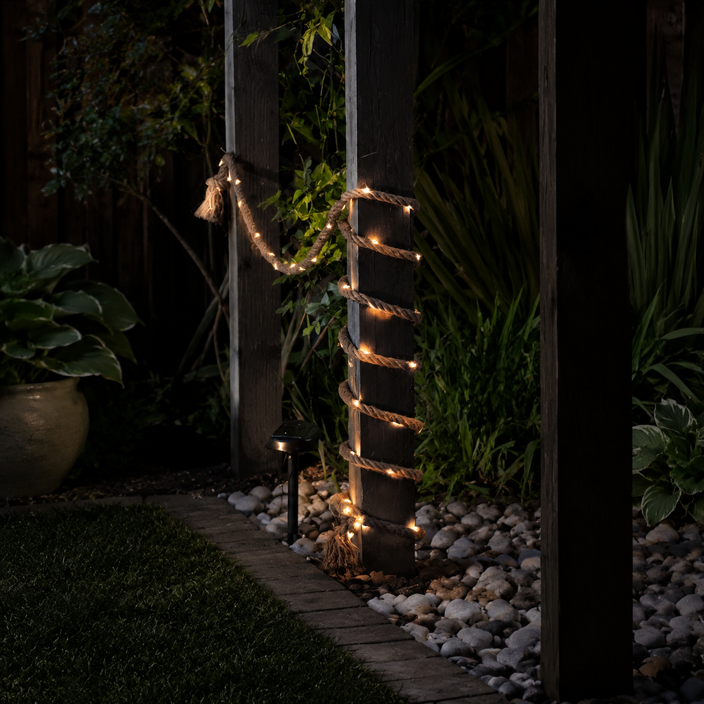 Solar rope lights spiral around a dark pergola post in a nighttime garden.