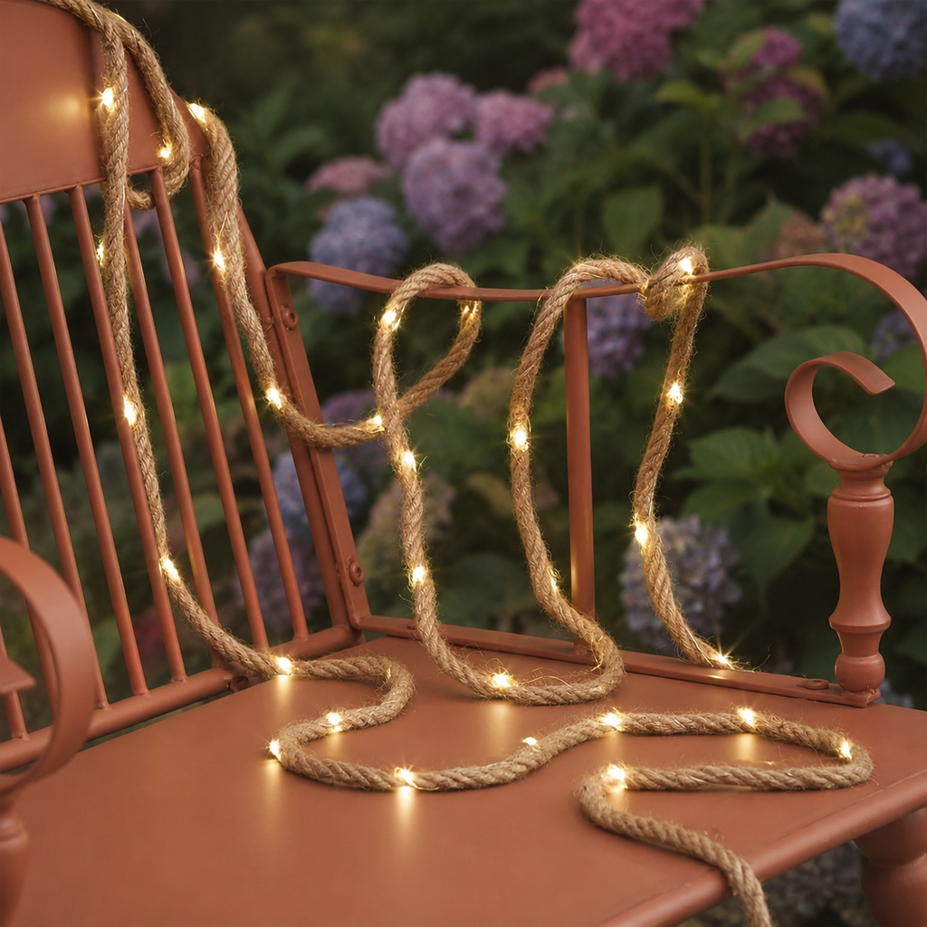 Solar rope lights drape over a terracotta metal chair with hydrangeas behind.