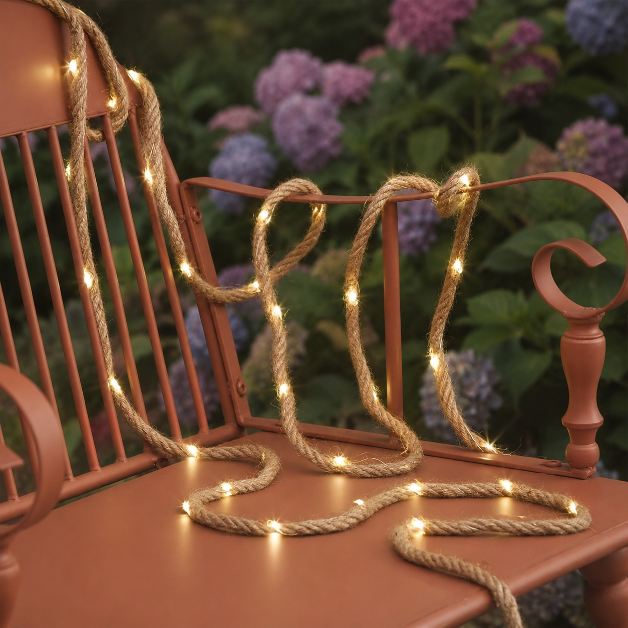 Solar rope lights drape over a terracotta metal chair with hydrangeas behind.