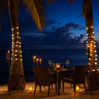 Solar rope lights illuminate two palm trunks around an empty seaside dinner table.