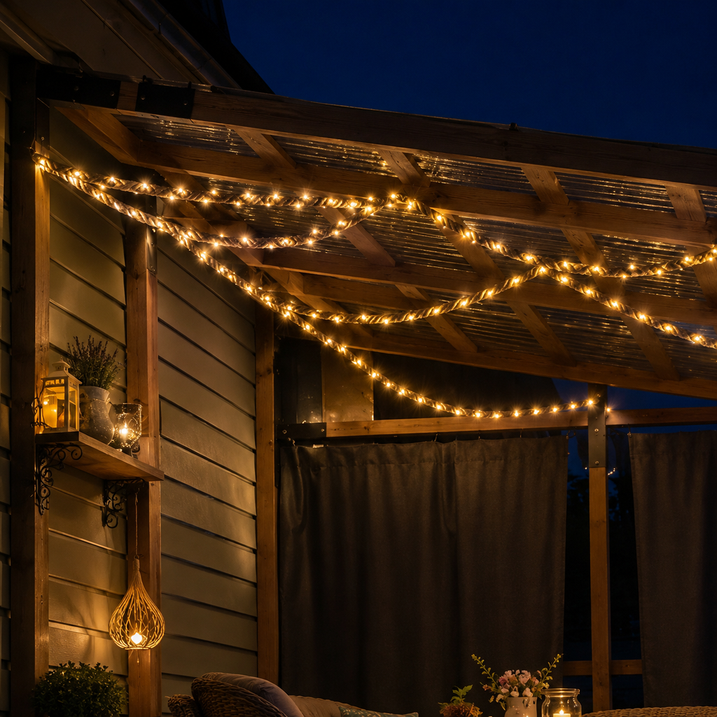 Solar rope lights weave beneath a covered porch roof at deep blue hour.