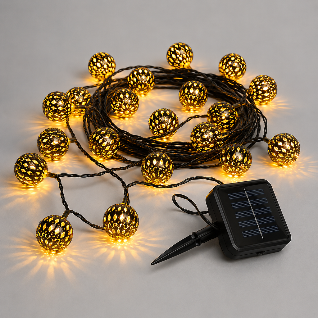 Solar string lights coiled on a plain background with glowing Moroccan globe shades and a separate solar panel.