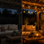Solar string lights compared on the same patio with the lights off on the left and glowing on the right.