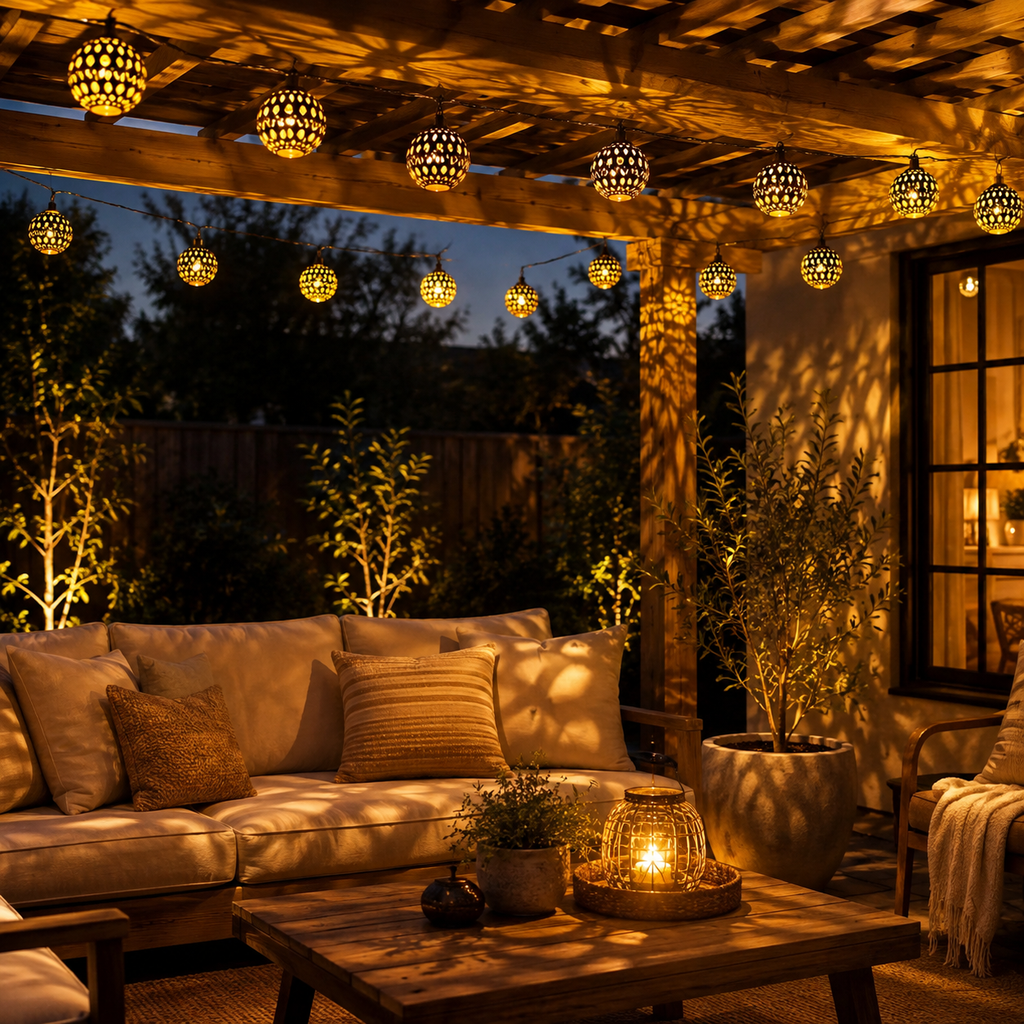 Solar string lights glowing above a covered patio seating area at night.
