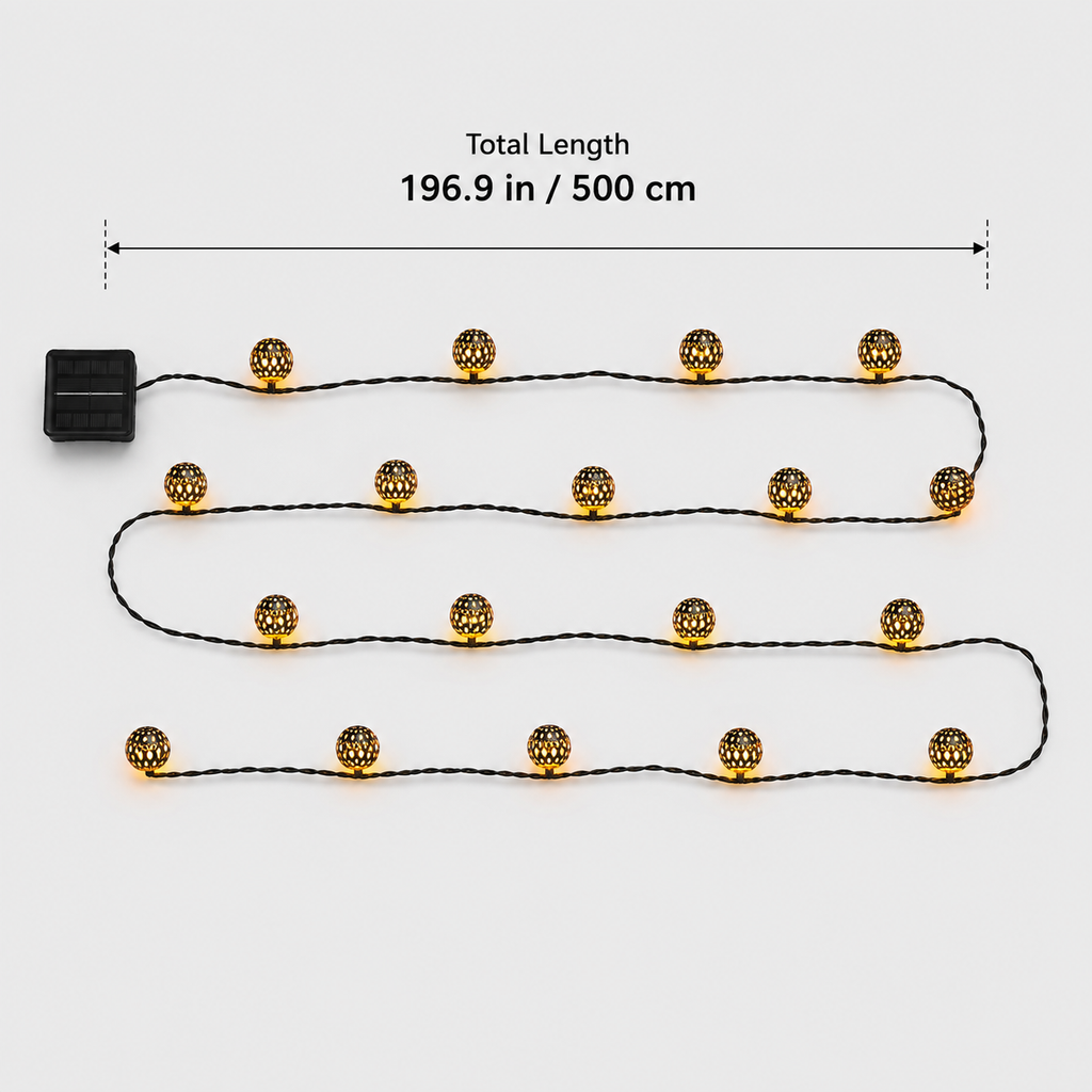 Solar string lights shown fully extended in a dimensions graphic with the solar panel at one end.