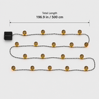Solar string lights shown fully extended in a dimensions graphic with the solar panel at one end.
