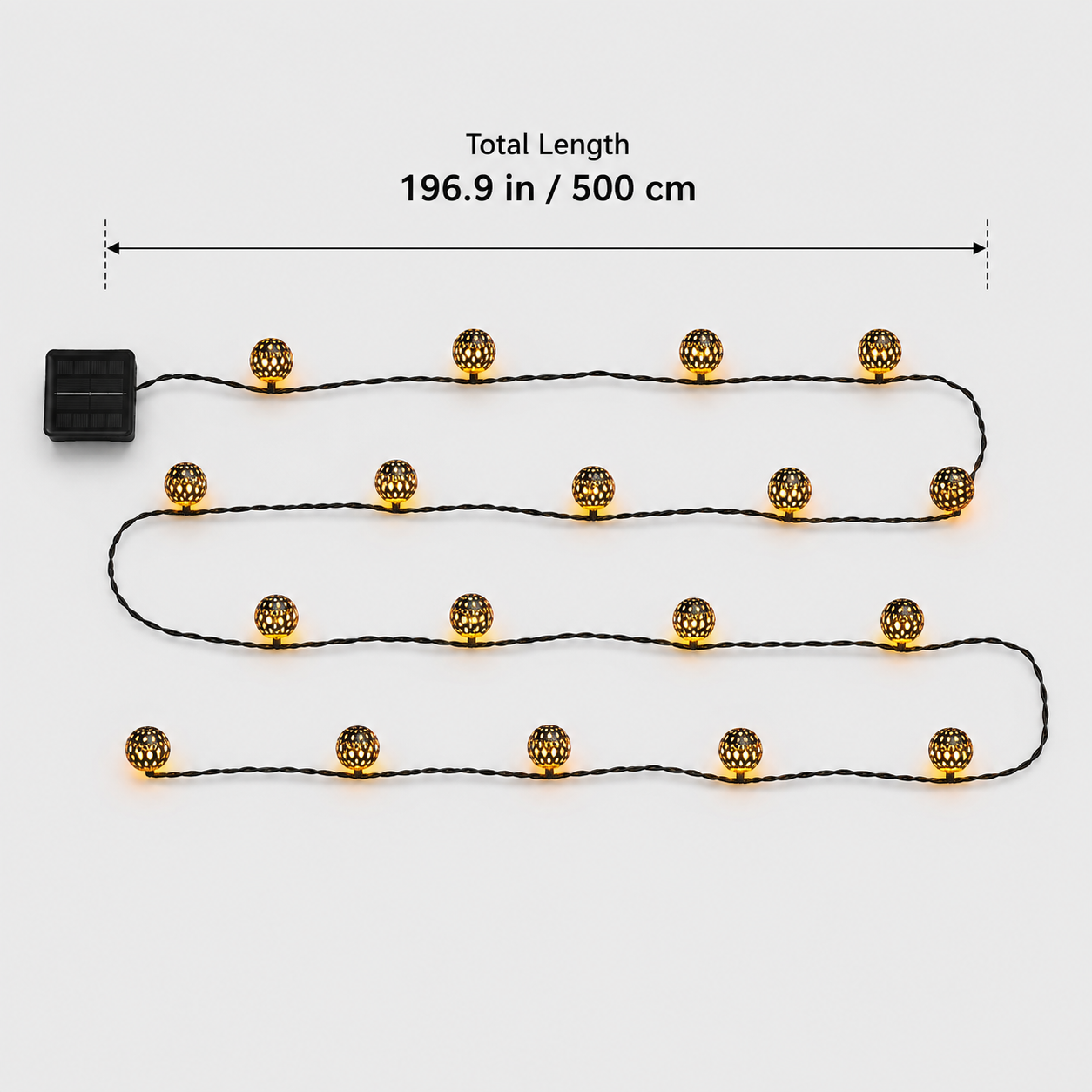 Solar string lights shown fully extended in a dimensions graphic with the solar panel at one end.