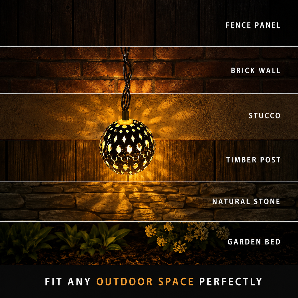 Solar string lights shown with one glowing globe casting patterns across several outdoor surface backgrounds.