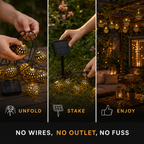 Solar string lights shown in a three-step setup graphic with hands, a ground stake, and a finished patio display.