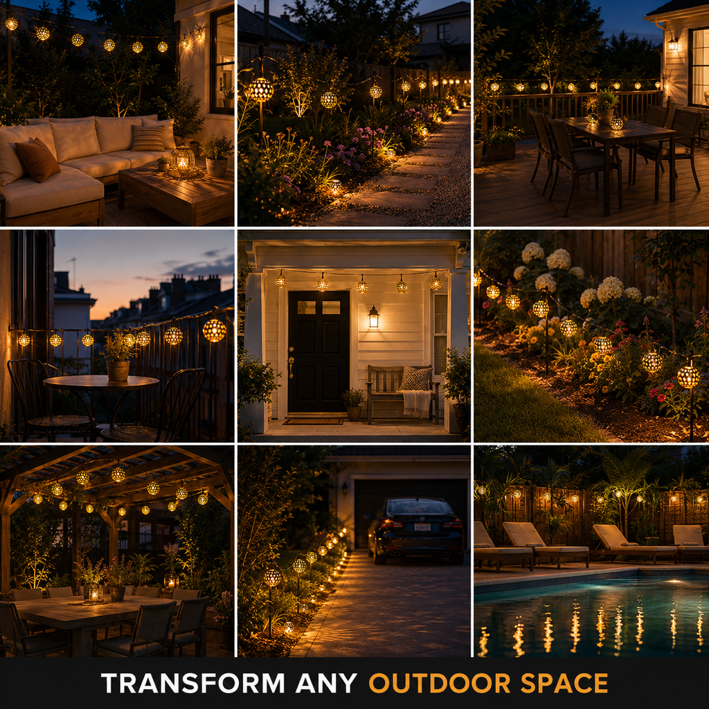 Solar string lights displayed across nine outdoor settings, including patios, fences, and garden areas.