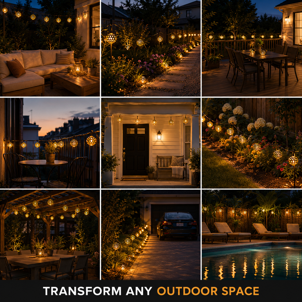 Solar string lights displayed across nine outdoor settings, including patios, fences, and garden areas.
