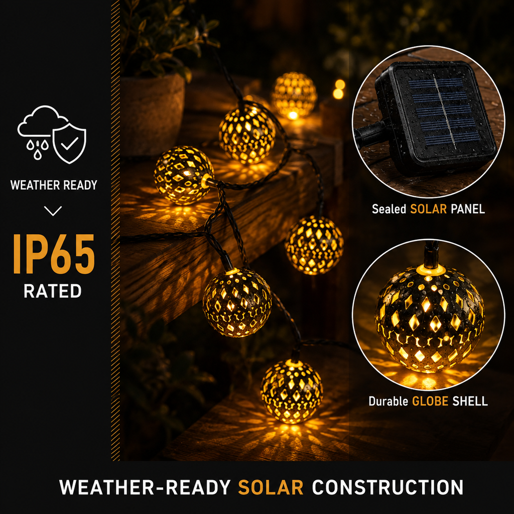 Solar string lights shown with an IP65 label, solar panel close-up, and illuminated globe details.
