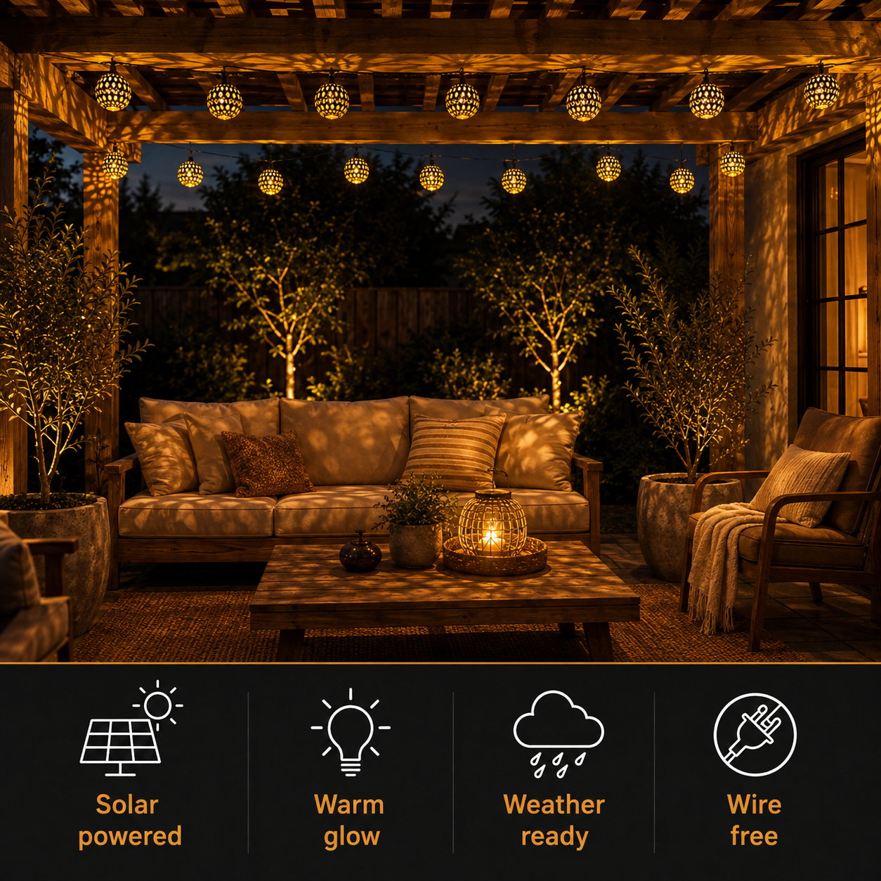 Solar string lights illuminating a patio scene above a row of four benefit icons.