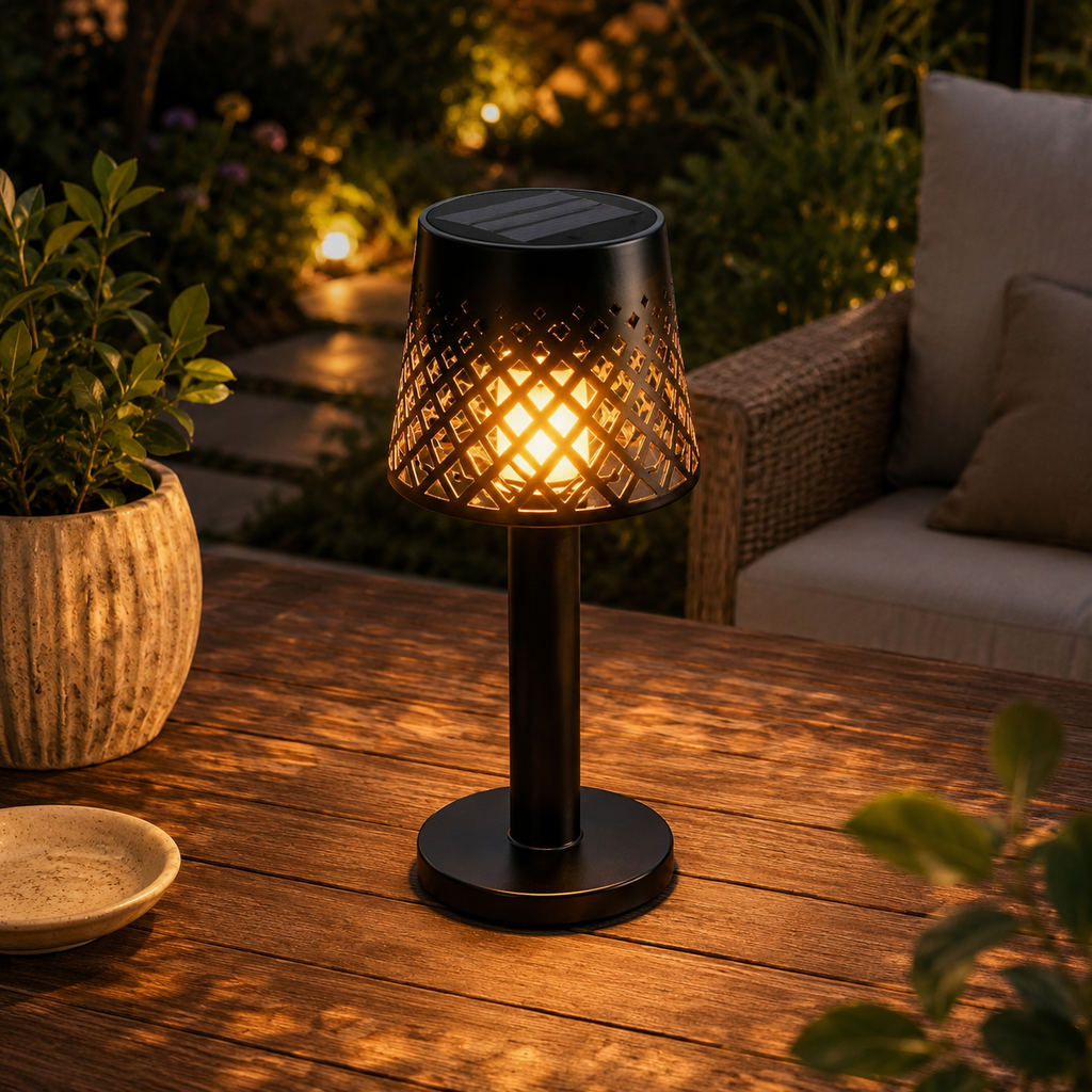 Cordless solar lantern lamp with patterned metal shade casting a warm shadow pattern at dusk