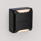 A black rectangular solar outdoor wall light with a top solar panel and illuminated LED light strips at the top and bottom, shown against a neutral light gray background.