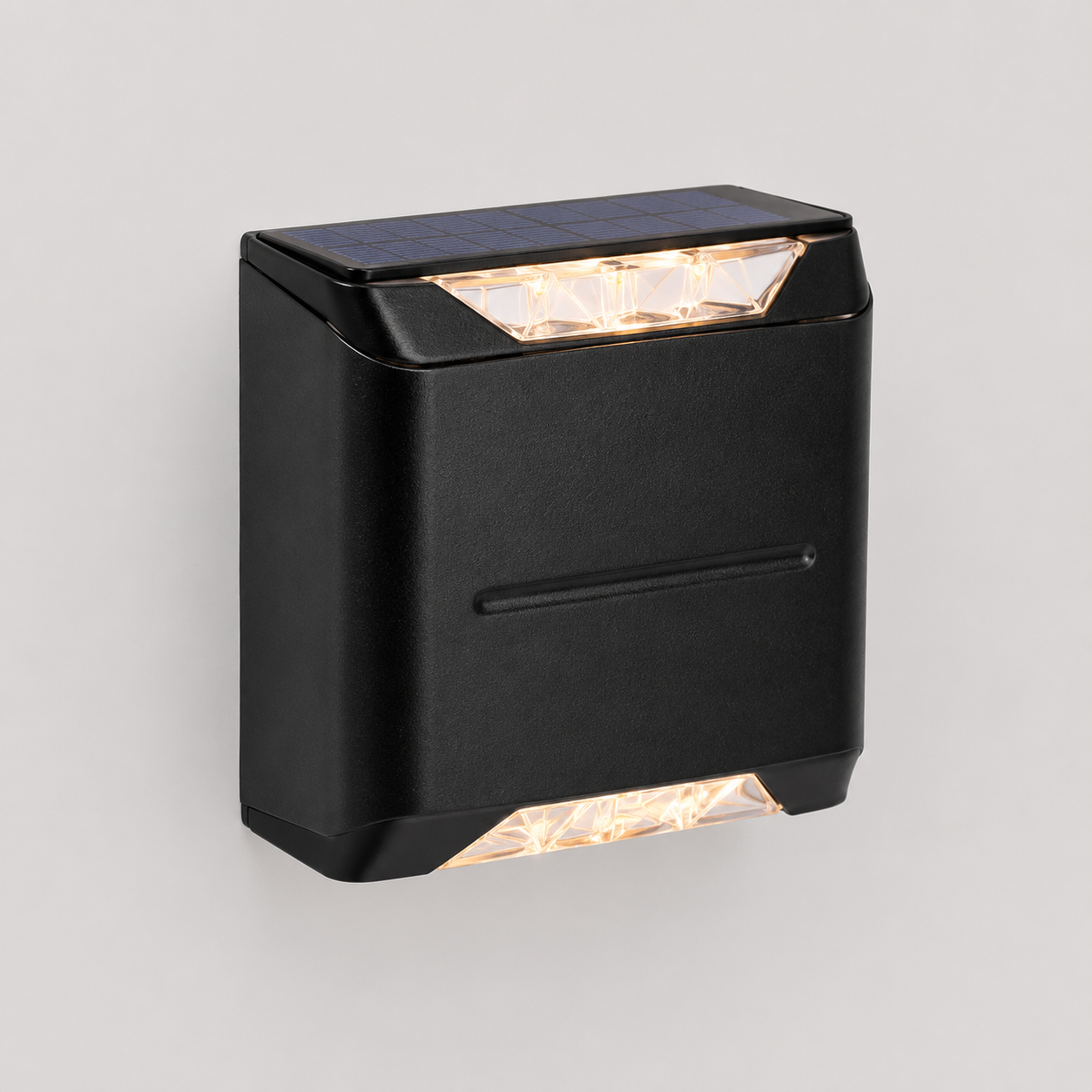 A black rectangular solar outdoor wall light with a top solar panel and illuminated LED light strips at the top and bottom, shown against a neutral light gray background.