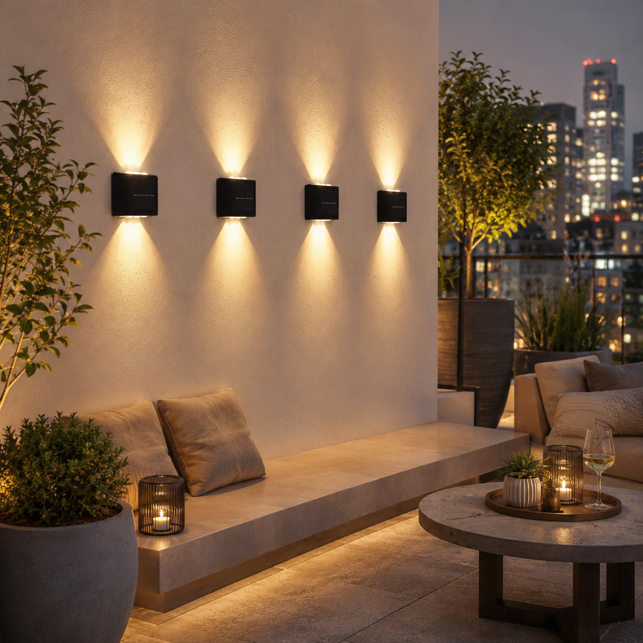 Five modern black rectangular wall sconces mounted on a beige wall, casting warm light beams downward on a rooftop patio at dusk with city skyline lights in the background.
