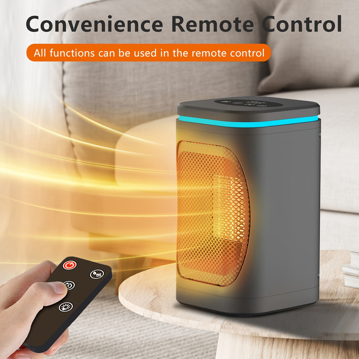 Space heater beside a sofa with a hand holding its remote control.