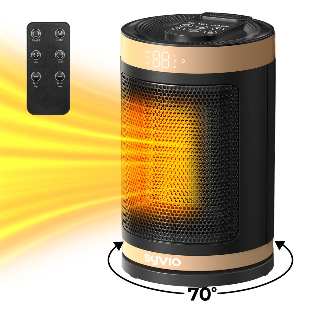 Black and gold space heater with remote control and oscillation illustration