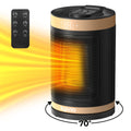 Black and gold space heater with remote control and oscillation illustration