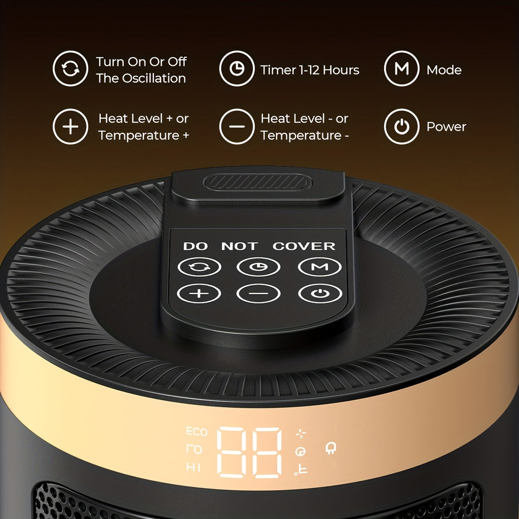 Black and gold space heater top controls with button function labels
