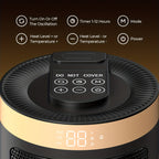 Black and gold space heater top controls with button function labels