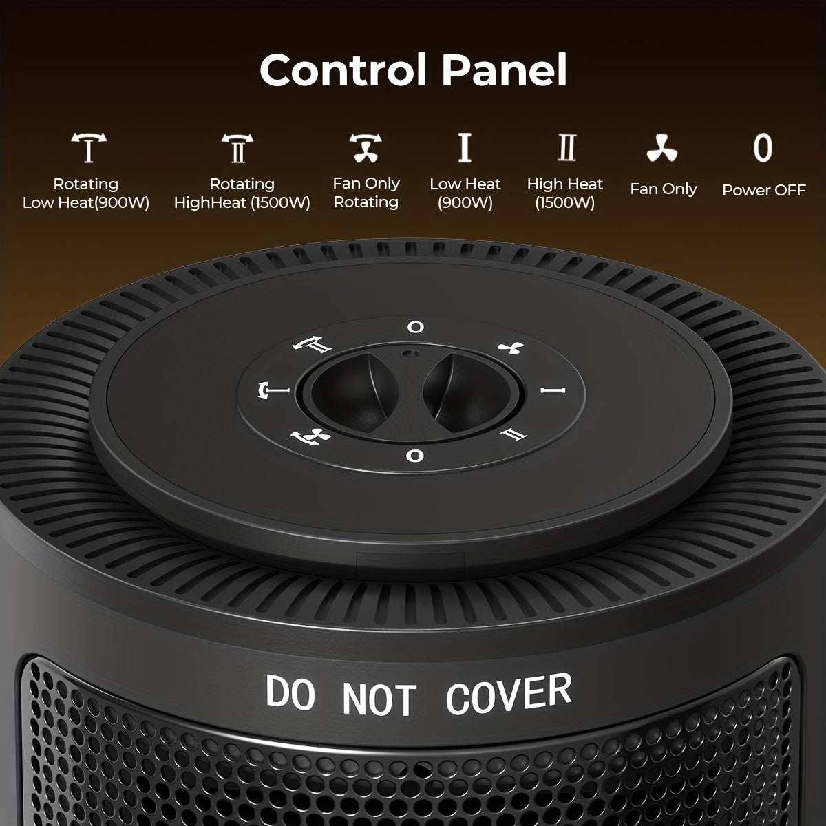 Black space heater rotary dial with mode and heat setting labels