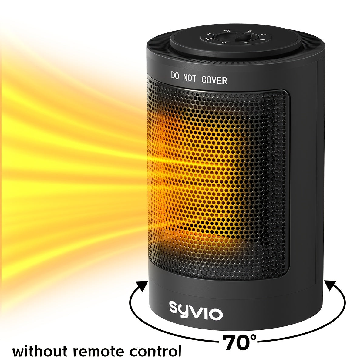 Black space heater with rotary control and oscillation illustration