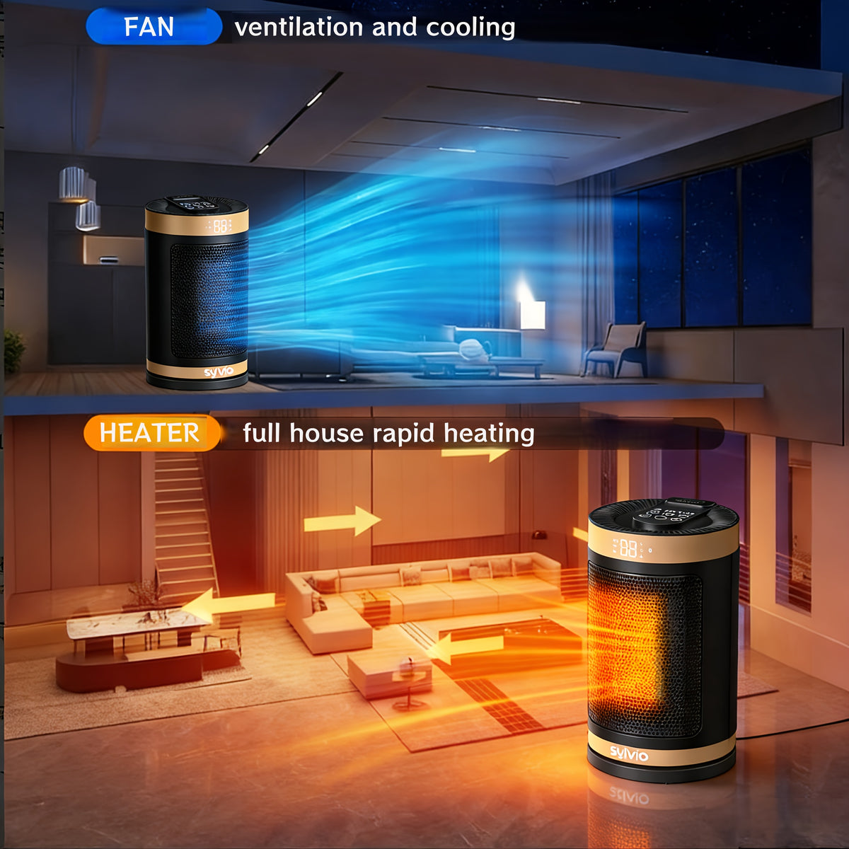 Space heater fan and heat airflow comparison in room scenes
