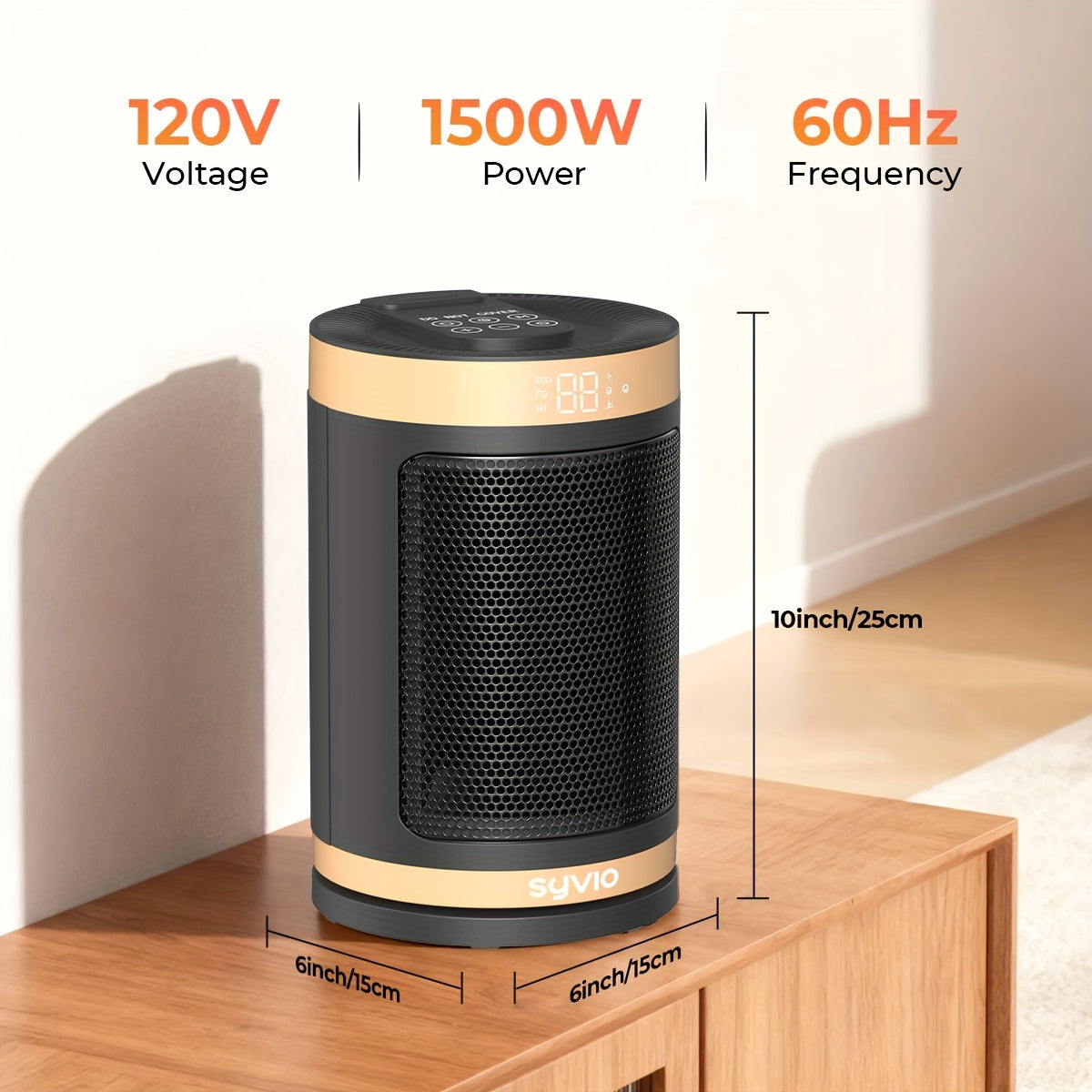 Black and gold space heater with height and width measurements