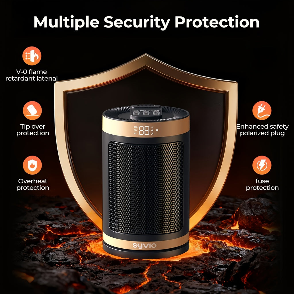 Black and gold space heater with protection feature icons