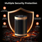 Black and gold space heater with protection feature icons