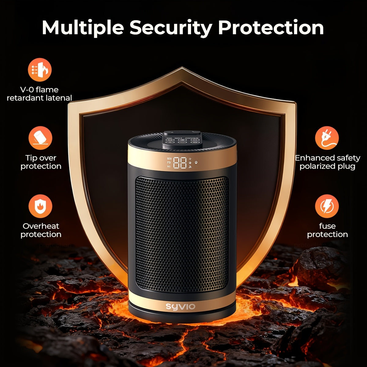 Black and gold space heater with protection feature icons