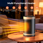 Black and gold space heater in a room with feature labels