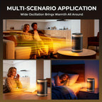 Space heater shown in living room, office and bedroom scenes