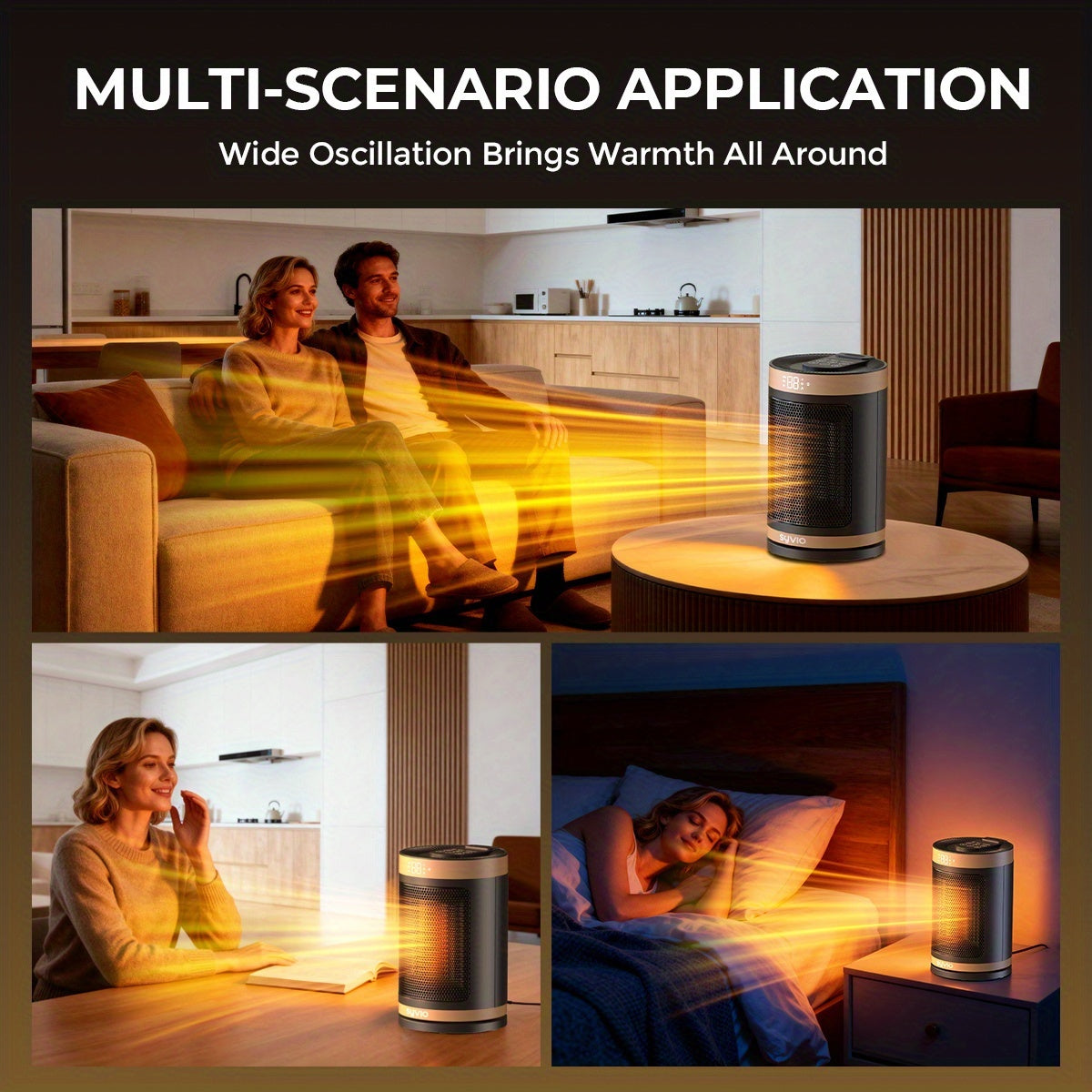 Space heater shown in living room, office and bedroom scenes